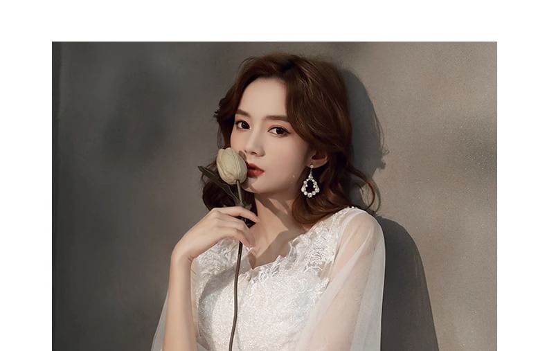 Gown Flared-Sleeve Flower A-Line Evening Embroidered