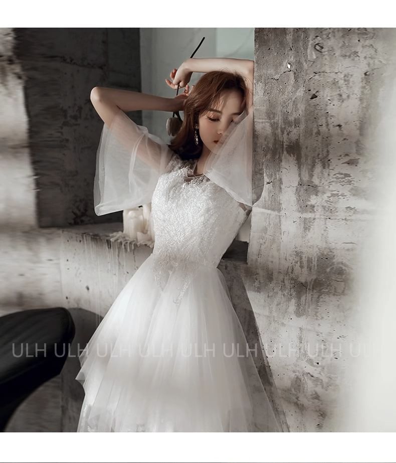 Gown Flared-Sleeve Flower A-Line Evening Embroidered