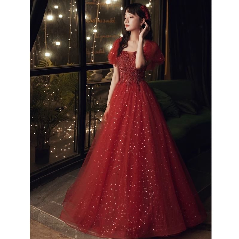 Gown A-Line Evening Sequin Short-Sleeve