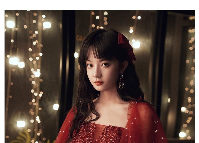 Gown A-Line Evening Sequin Short-Sleeve