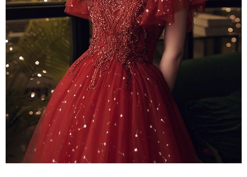 Gown A-Line Evening Sequin Short-Sleeve