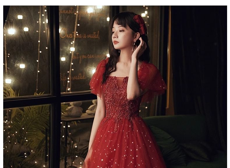 Gown A-Line Evening Sequin Short-Sleeve