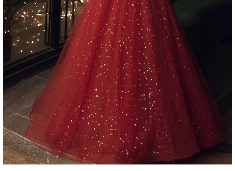 Gown A-Line Evening Sequin Short-Sleeve