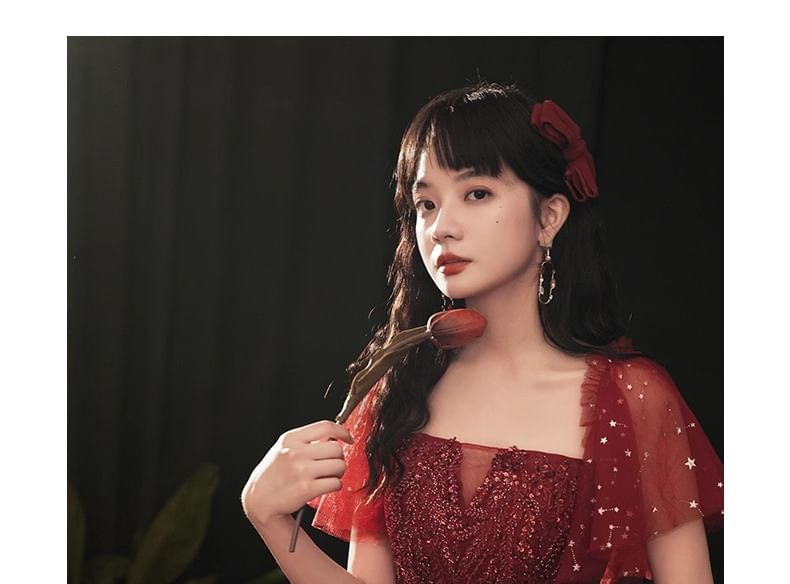 Gown A-Line Evening Sequin Short-Sleeve