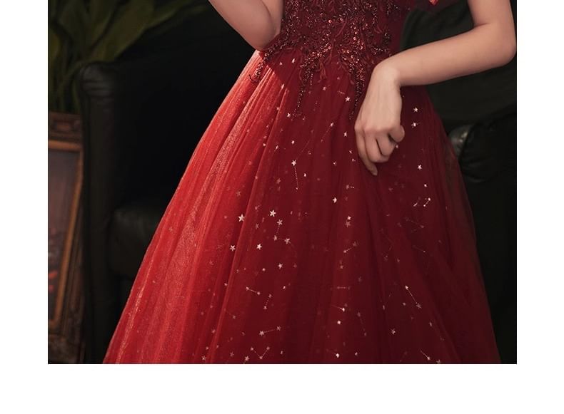 Gown A-Line Evening Sequin Short-Sleeve