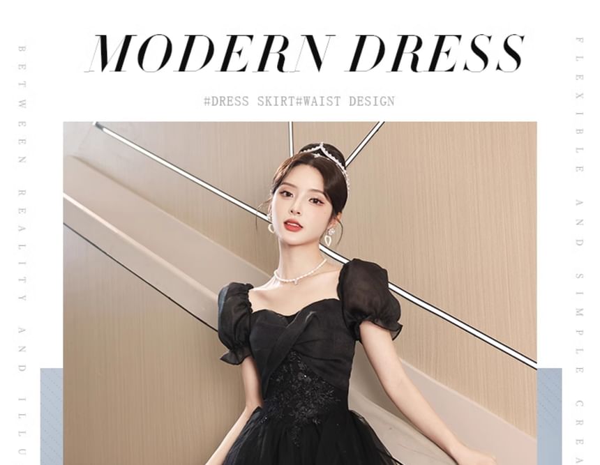 Mesh A-Line Gown Evening Short-Sleeve Sequin