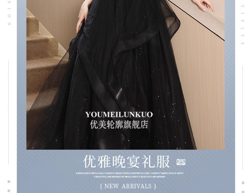 Mesh A-Line Gown Evening Short-Sleeve Sequin