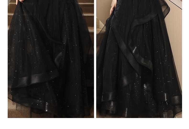 Mesh A-Line Gown Evening Short-Sleeve Sequin