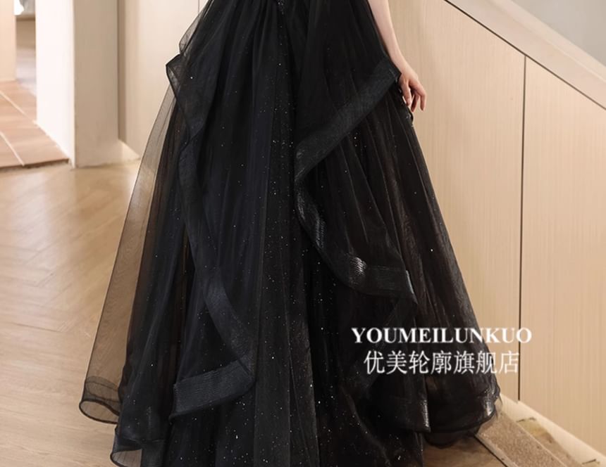 Mesh A-Line Gown Evening Short-Sleeve Sequin