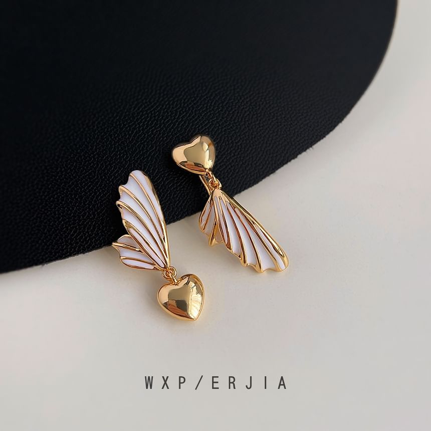 Drop Heart Clip On Asymmetrical Wing Earring