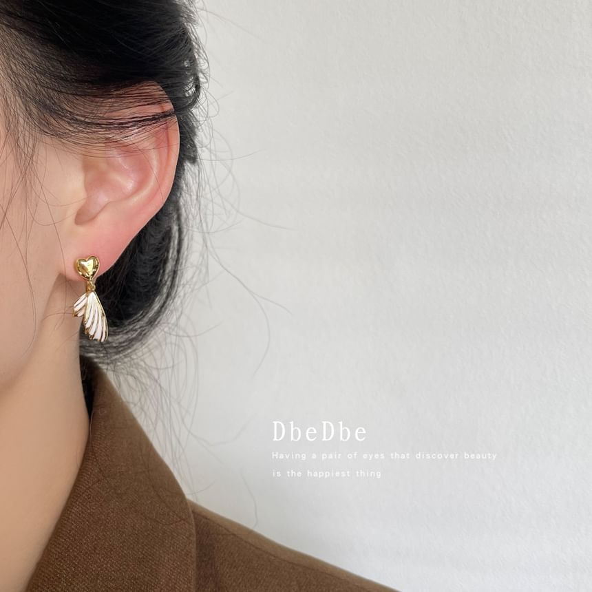 Drop Heart Clip On Asymmetrical Wing Earring