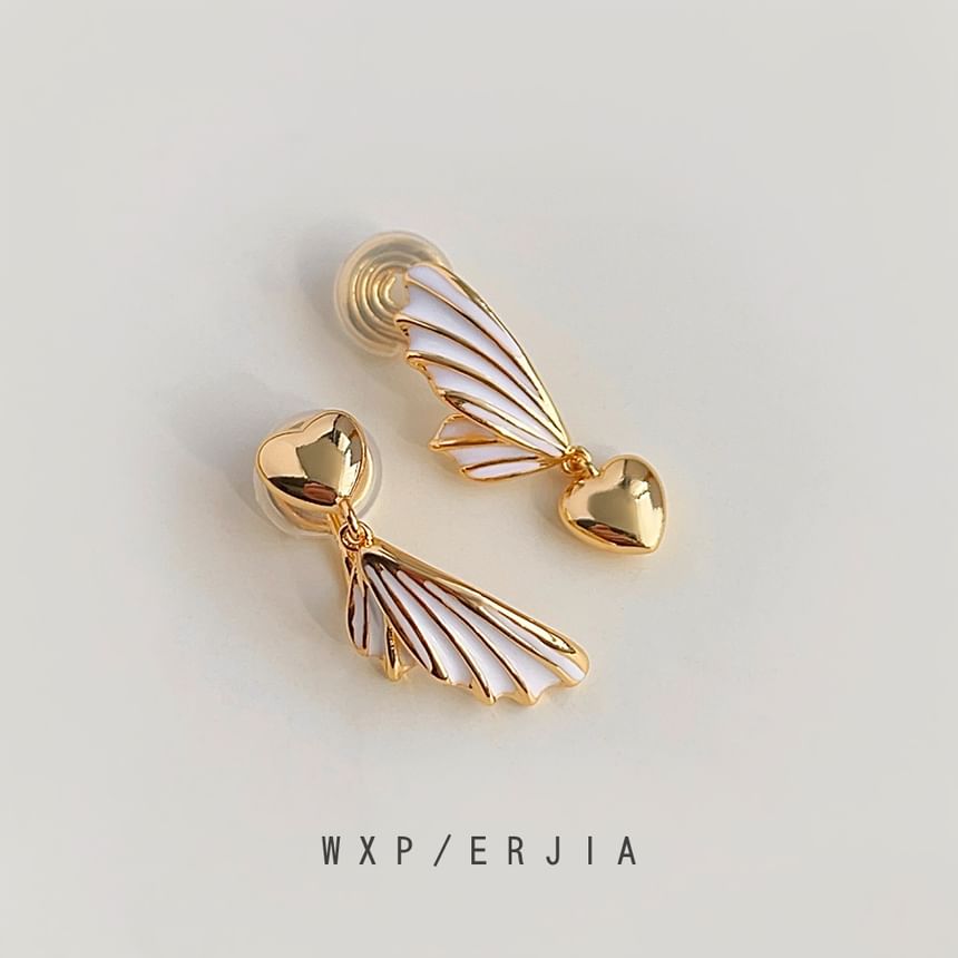 Drop Heart Clip On Asymmetrical Wing Earring