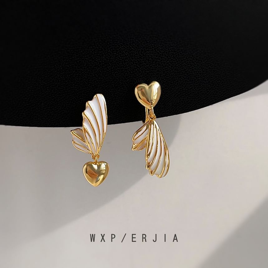 Drop Heart Clip On Asymmetrical Wing Earring