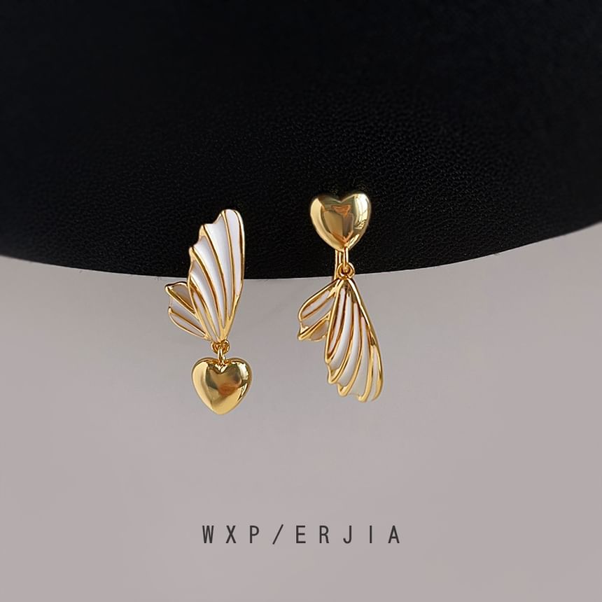 Drop Heart Clip On Asymmetrical Wing Earring