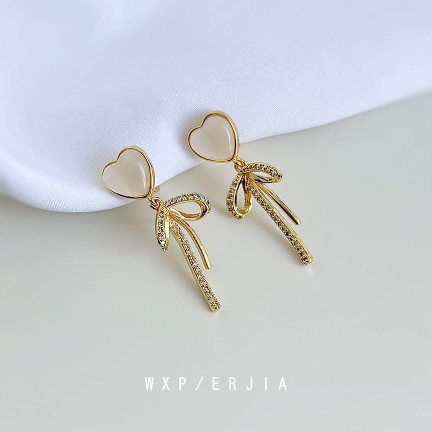 Rhinestone Clip Heart Drop On Earring Bow