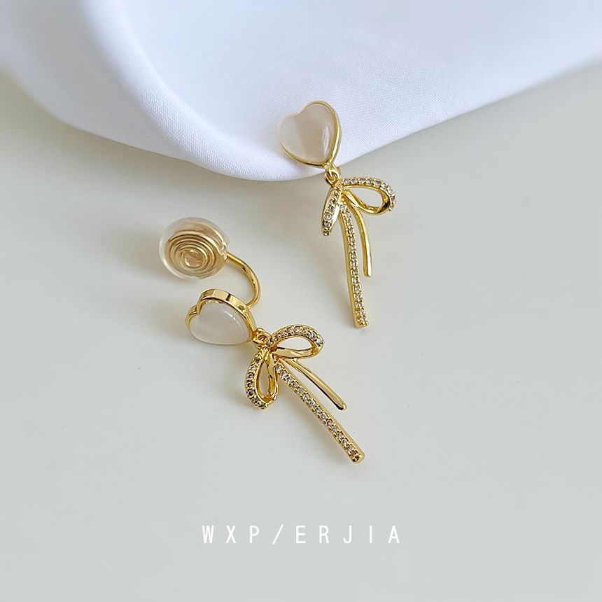 Rhinestone Clip Heart Drop On Earring Bow