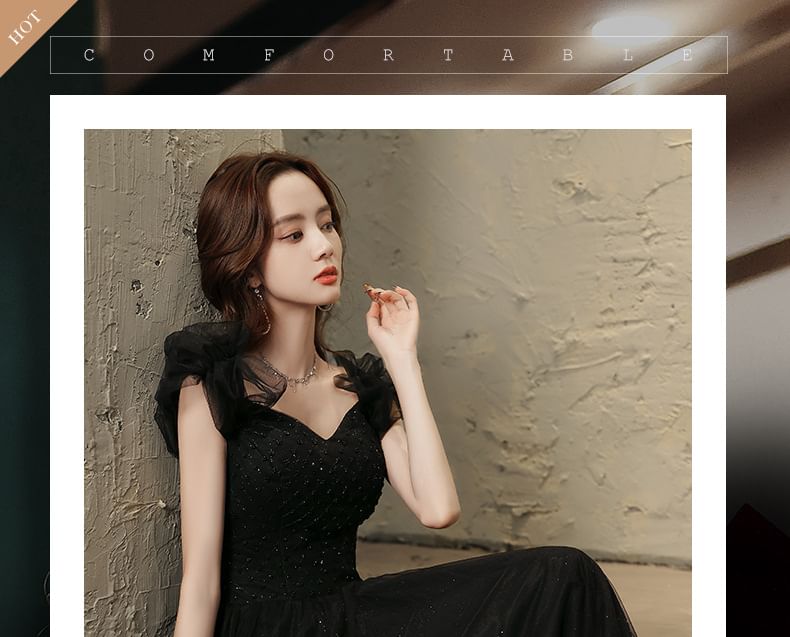 Short-Sleeve A-Line V-Neck Evening Gown Mesh