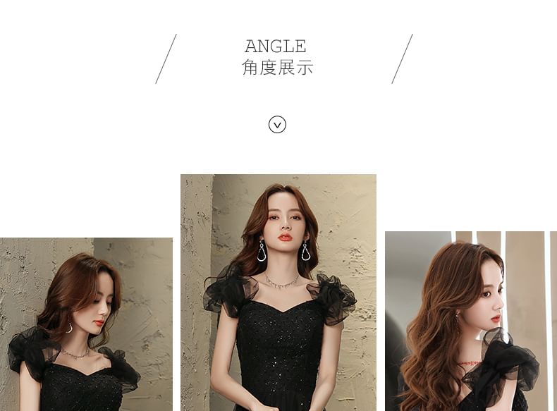 Short-Sleeve A-Line V-Neck Evening Gown Mesh