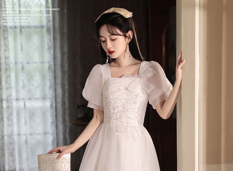 A-Line Neck Evening Square Gown Puff-Sleeve Mesh