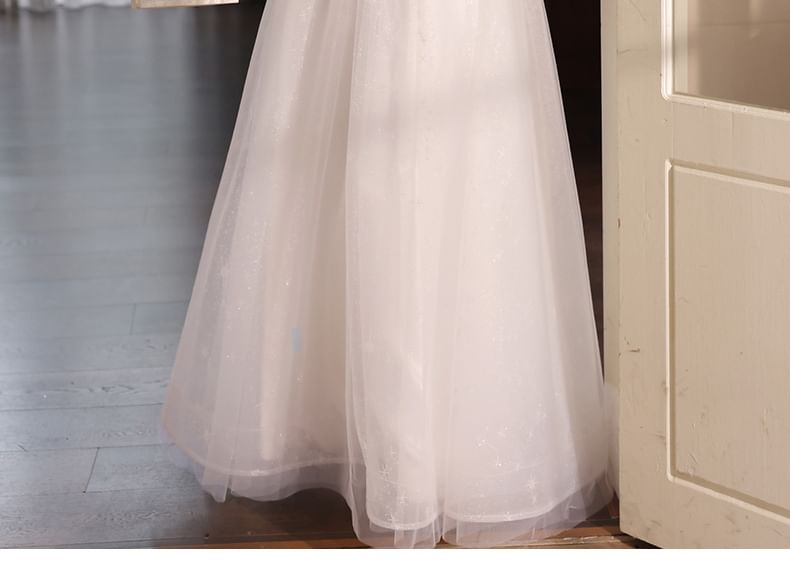 A-Line Neck Evening Square Gown Puff-Sleeve Mesh