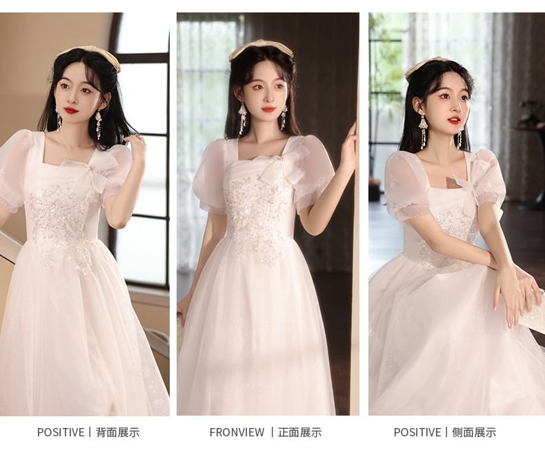 A-Line Neck Evening Square Gown Puff-Sleeve Mesh