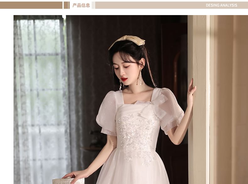 A-Line Neck Evening Square Gown Puff-Sleeve Mesh