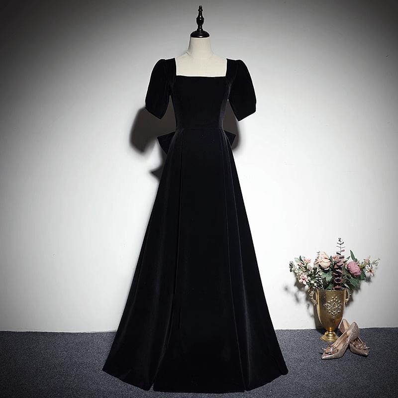 Plain Square A-Line Neck Bow Velvet Evening Back Short-Sleeve Gown