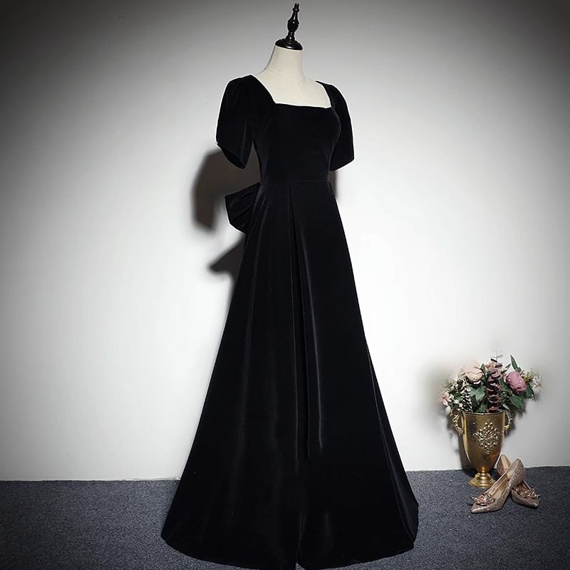 Plain Square A-Line Neck Bow Velvet Evening Back Short-Sleeve Gown