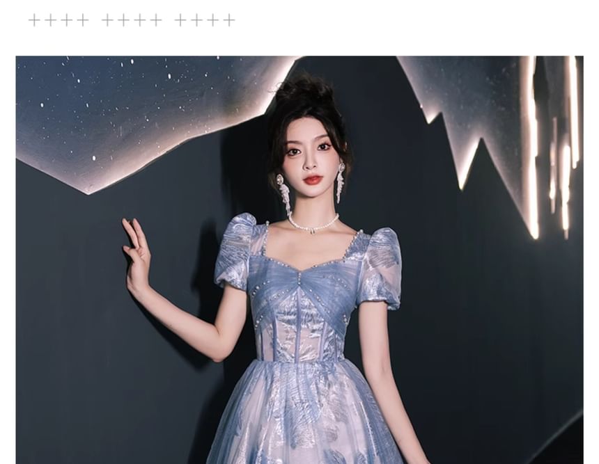 Gown Evening Patterned Short-Sleeve A-Line Beaded