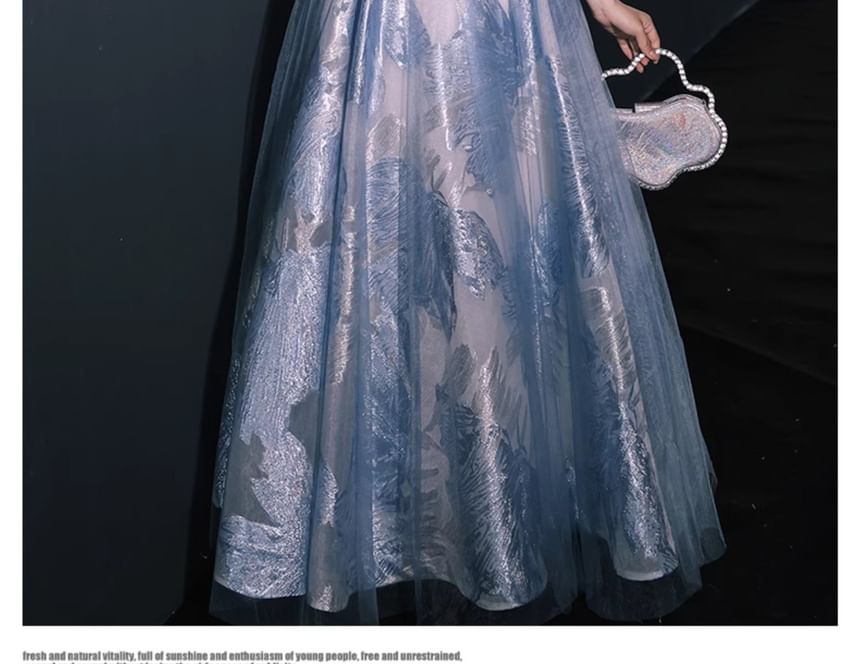 Gown Evening Patterned Short-Sleeve A-Line Beaded