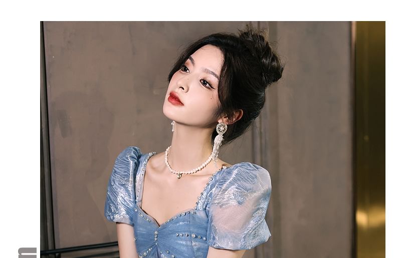 Gown Evening Patterned Short-Sleeve A-Line Beaded