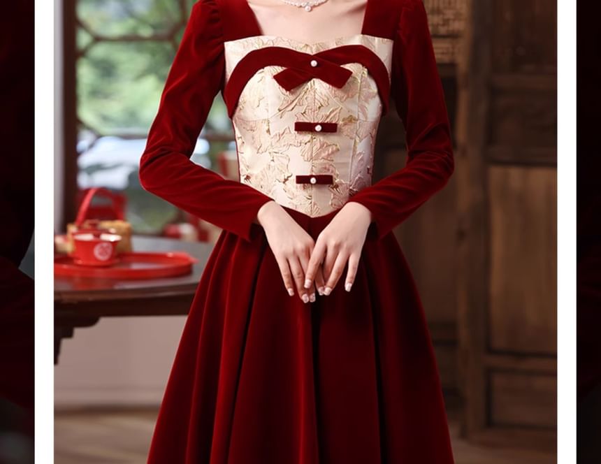 A-Line Gown Velvet Evening Bow Long-Sleeve