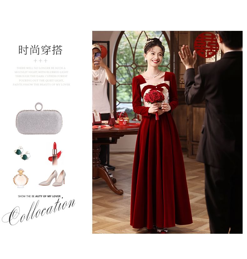 A-Line Gown Velvet Evening Bow Long-Sleeve