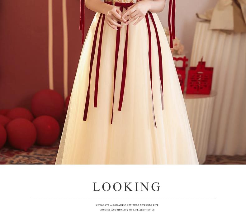 Short-Sleeve Bow Evening Mesh A-Line Floral Gown