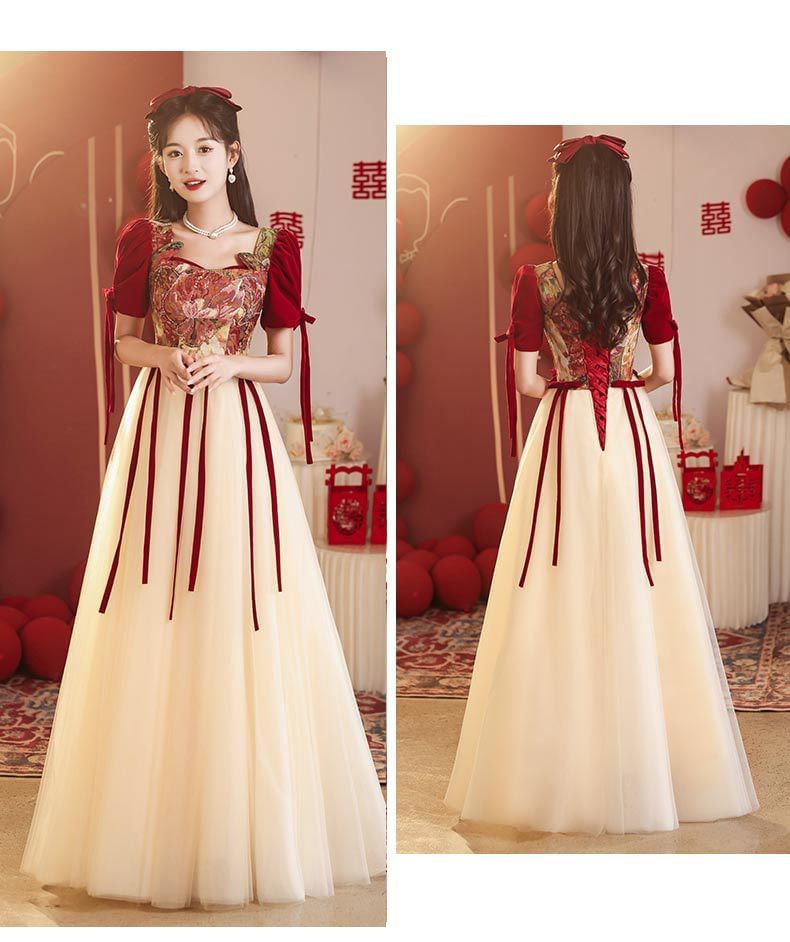 Short-Sleeve Bow Evening Mesh A-Line Floral Gown