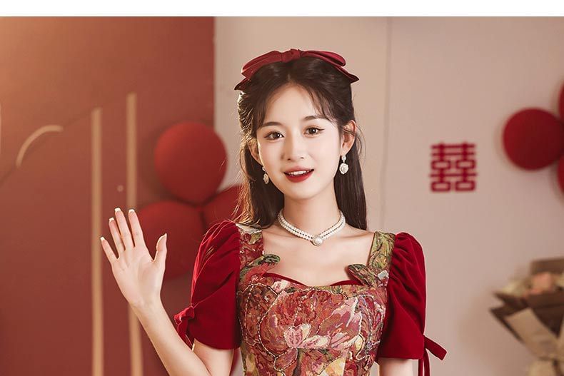 Short-Sleeve Bow Evening Mesh A-Line Floral Gown