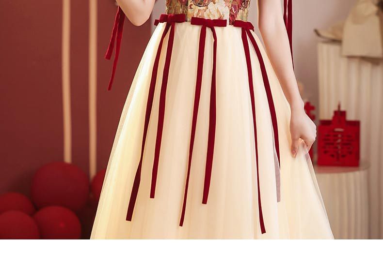 Short-Sleeve Bow Evening Mesh A-Line Floral Gown