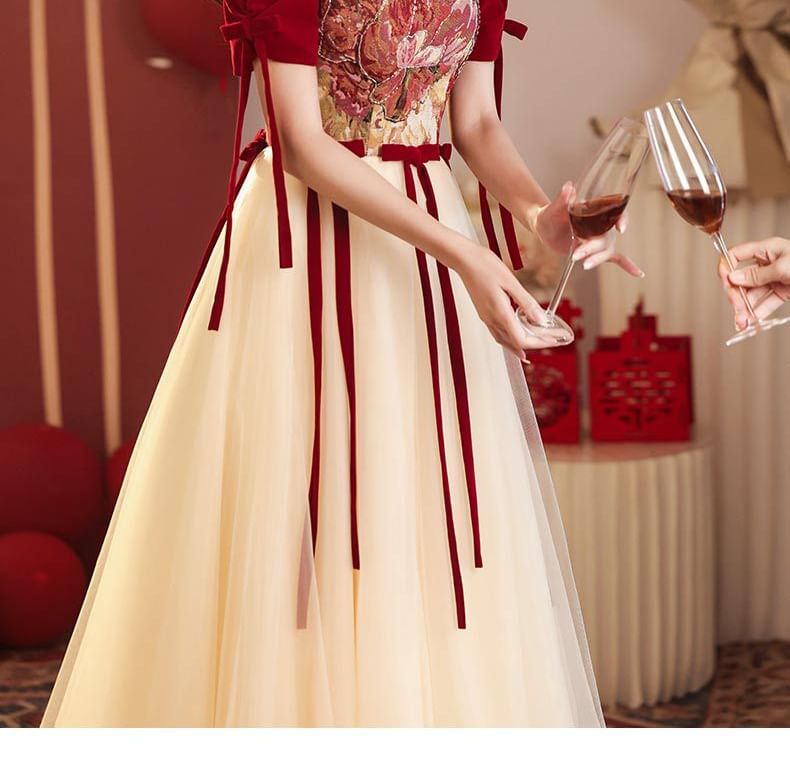 Short-Sleeve Bow Evening Mesh A-Line Floral Gown