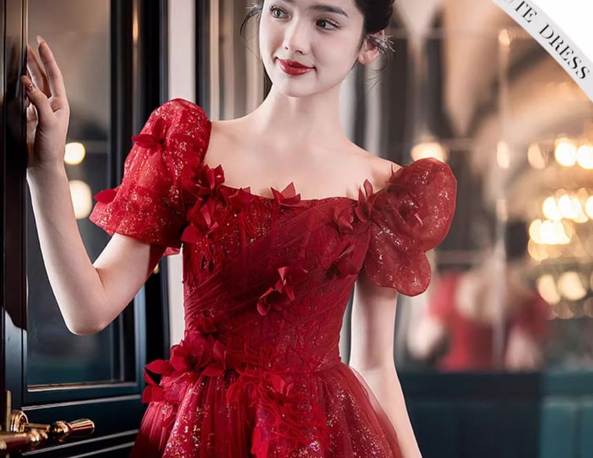 A-Line Accent Evening Flower Gown Sequin Short-Sleeve