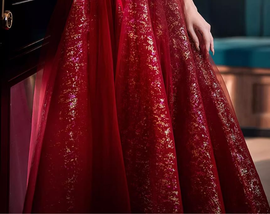 A-Line Accent Evening Flower Gown Sequin Short-Sleeve