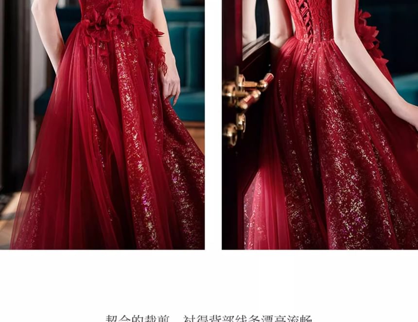 A-Line Accent Evening Flower Gown Sequin Short-Sleeve