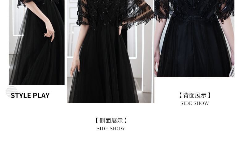 Elbow-Sleeve Evening V-Neck A-Line Gown Fringed Sequin