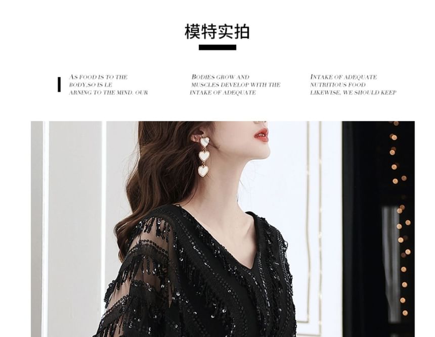 Elbow-Sleeve Evening V-Neck A-Line Gown Fringed Sequin