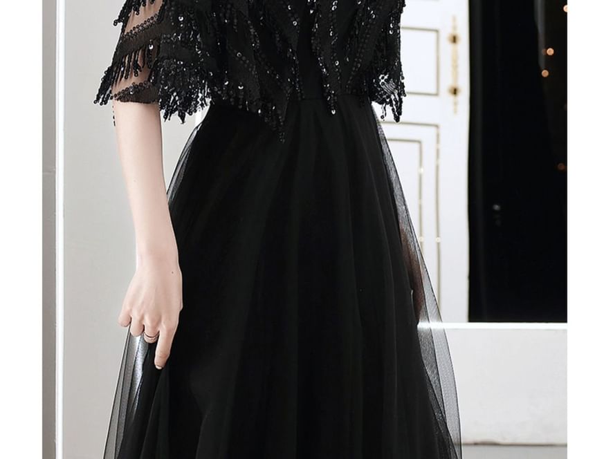Elbow-Sleeve Evening V-Neck A-Line Gown Fringed Sequin