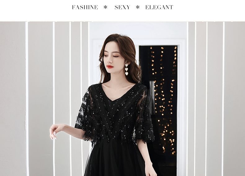 Elbow-Sleeve Evening V-Neck A-Line Gown Fringed Sequin