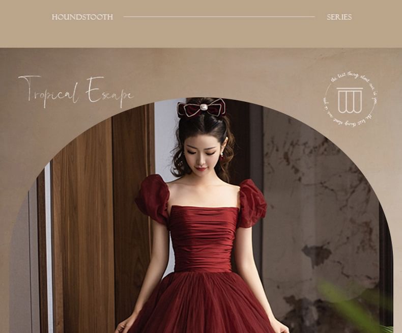 Square Neck Plain Back Gown Bow Ball Puff-Sleeve