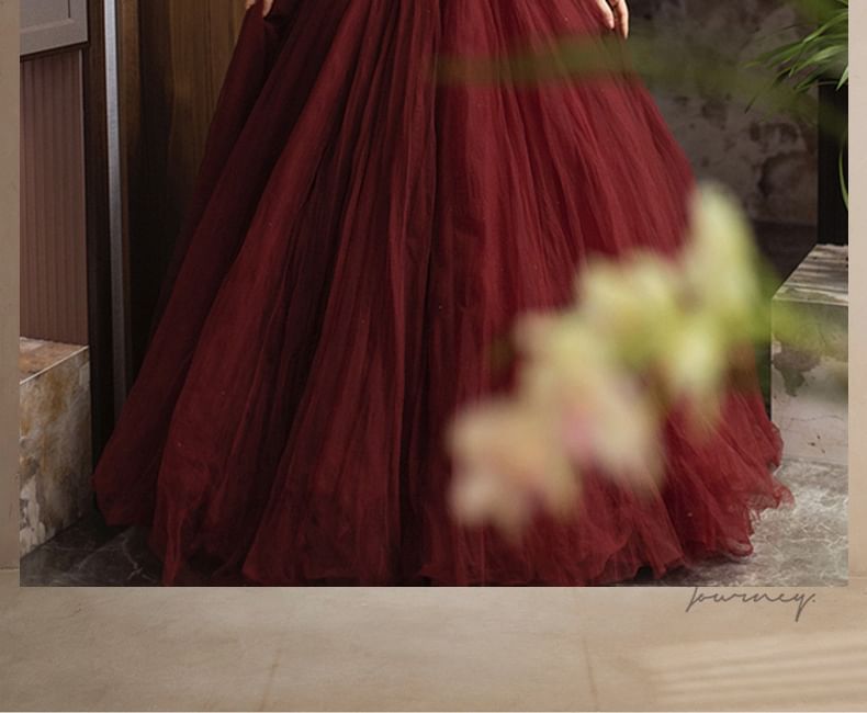 Square Neck Plain Back Gown Bow Ball Puff-Sleeve