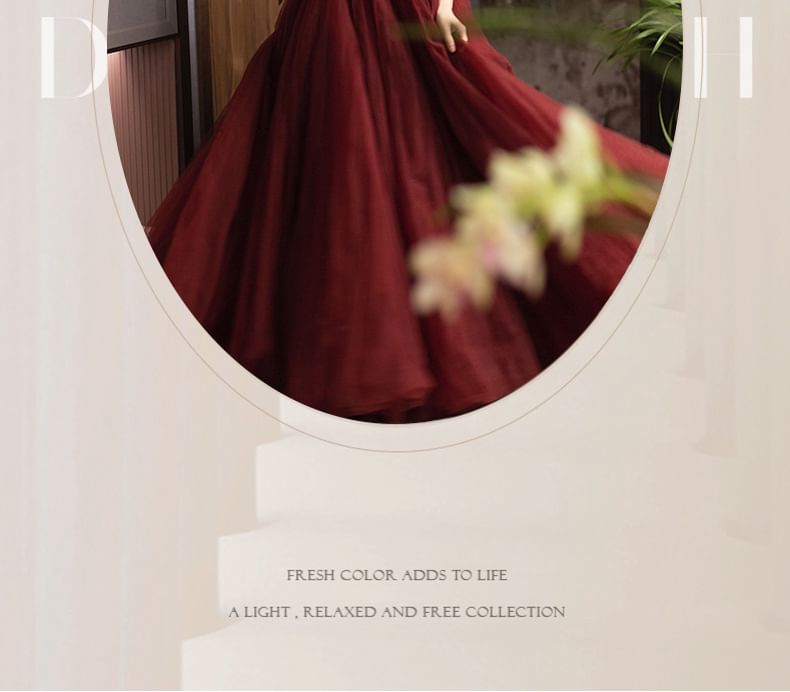 Square Neck Plain Back Gown Bow Ball Puff-Sleeve