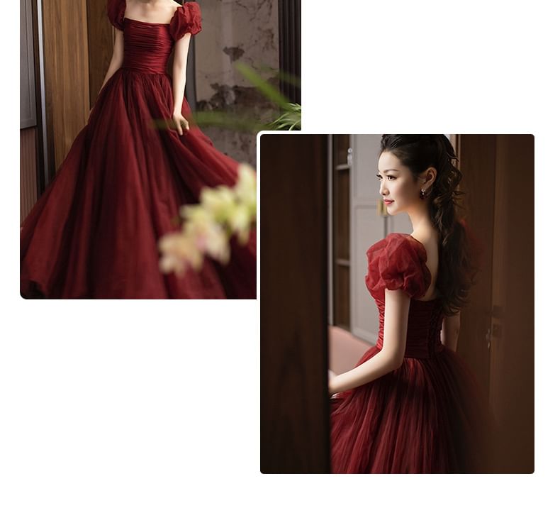 Square Neck Plain Back Gown Bow Ball Puff-Sleeve