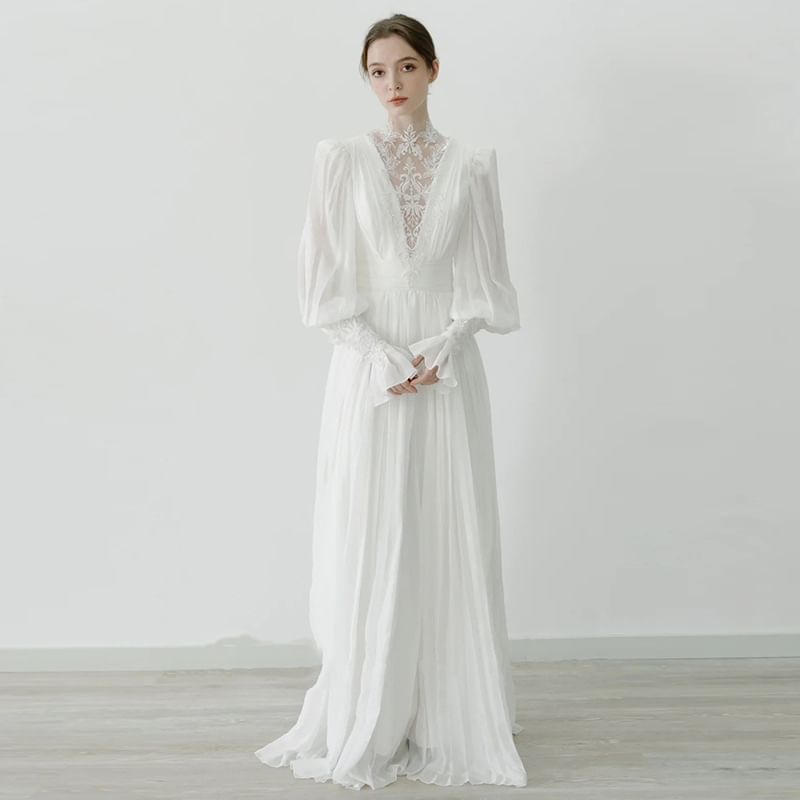 Wedding Panel Long-Sleeve A-Line Lace Neck Ruched Plain Gown Sequin Mock